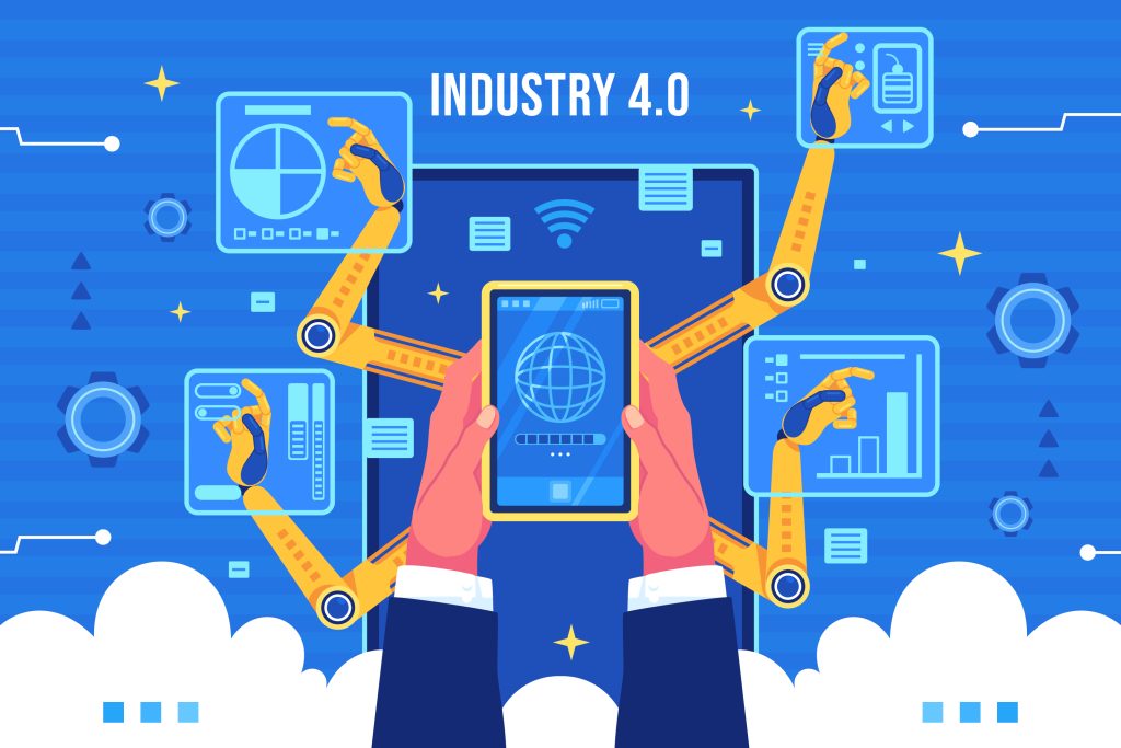 Industry 4.0 concept with robotic arms, smart devices, and digital automation for manufacturing.