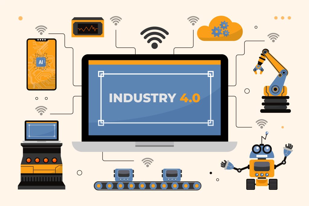 Industry 4.0 illustration with AI, robotics, IoT, automation, cloud, and smart manufacturing.