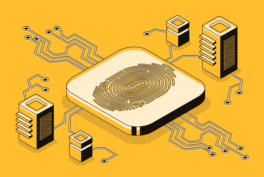 Digital fingerprint on a chip connected to circuit lines, symbolizing cybersecurity and identity access.