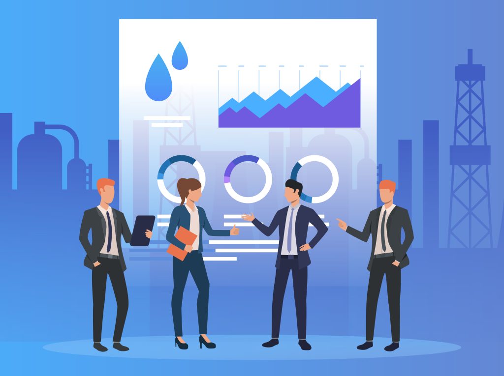 Business professionals analyzing charts and data in front of industrial background graphics