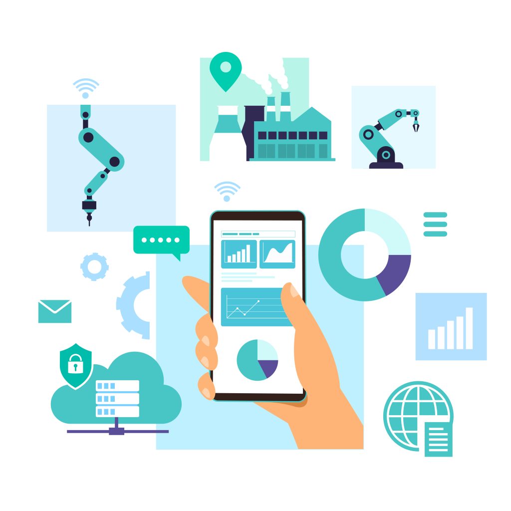 Hand holding smartphone displaying analytics with IoT-connected factory, robots, cloud, and charts.