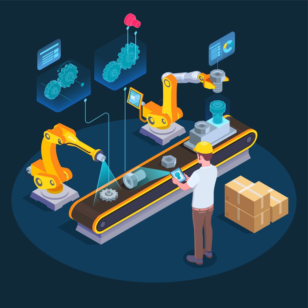 Automated production line with yellow robotic arms, conveyor belt, worker, and shipping boxes
