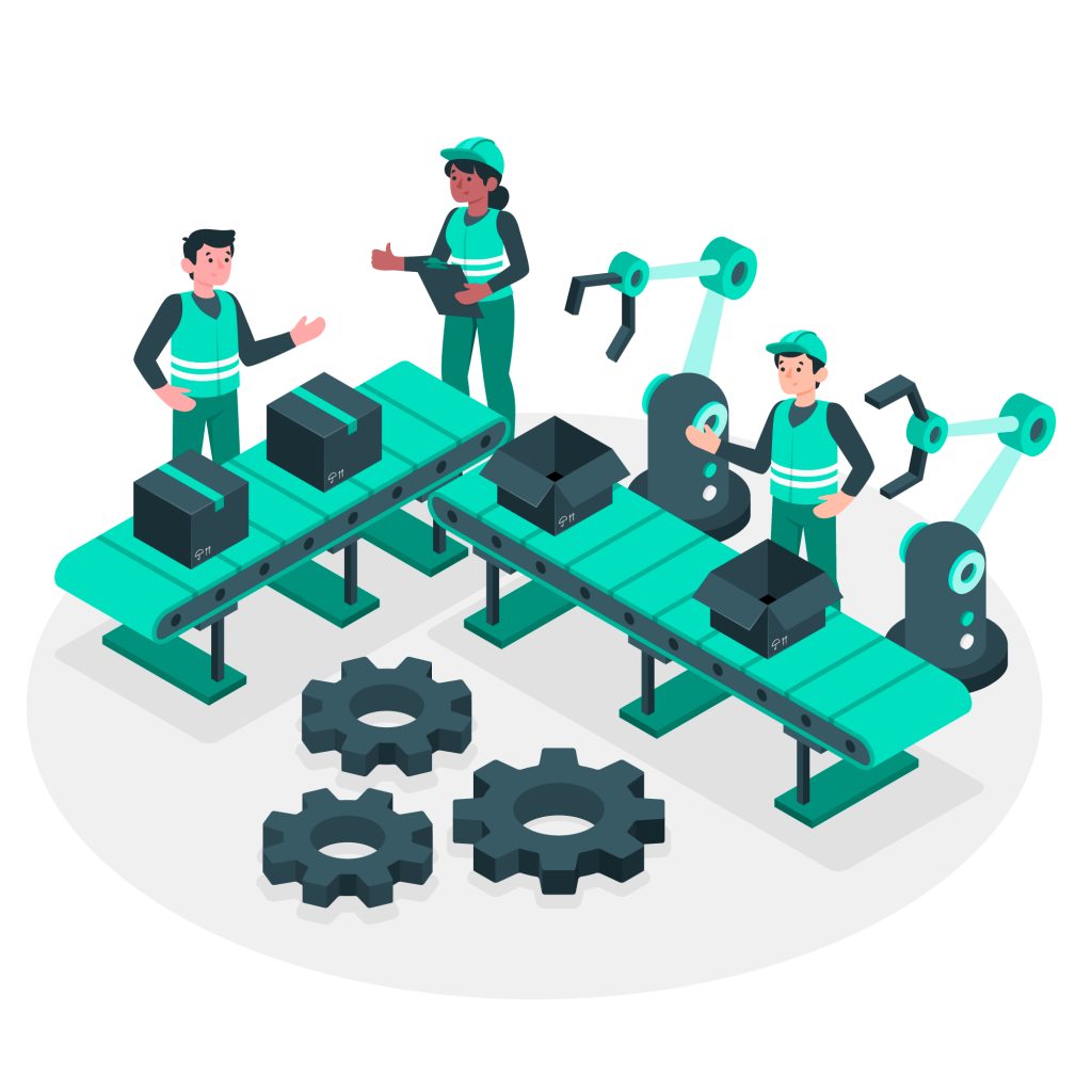 Factory workers and robotic arms managing conveyor belts in an automated production line.