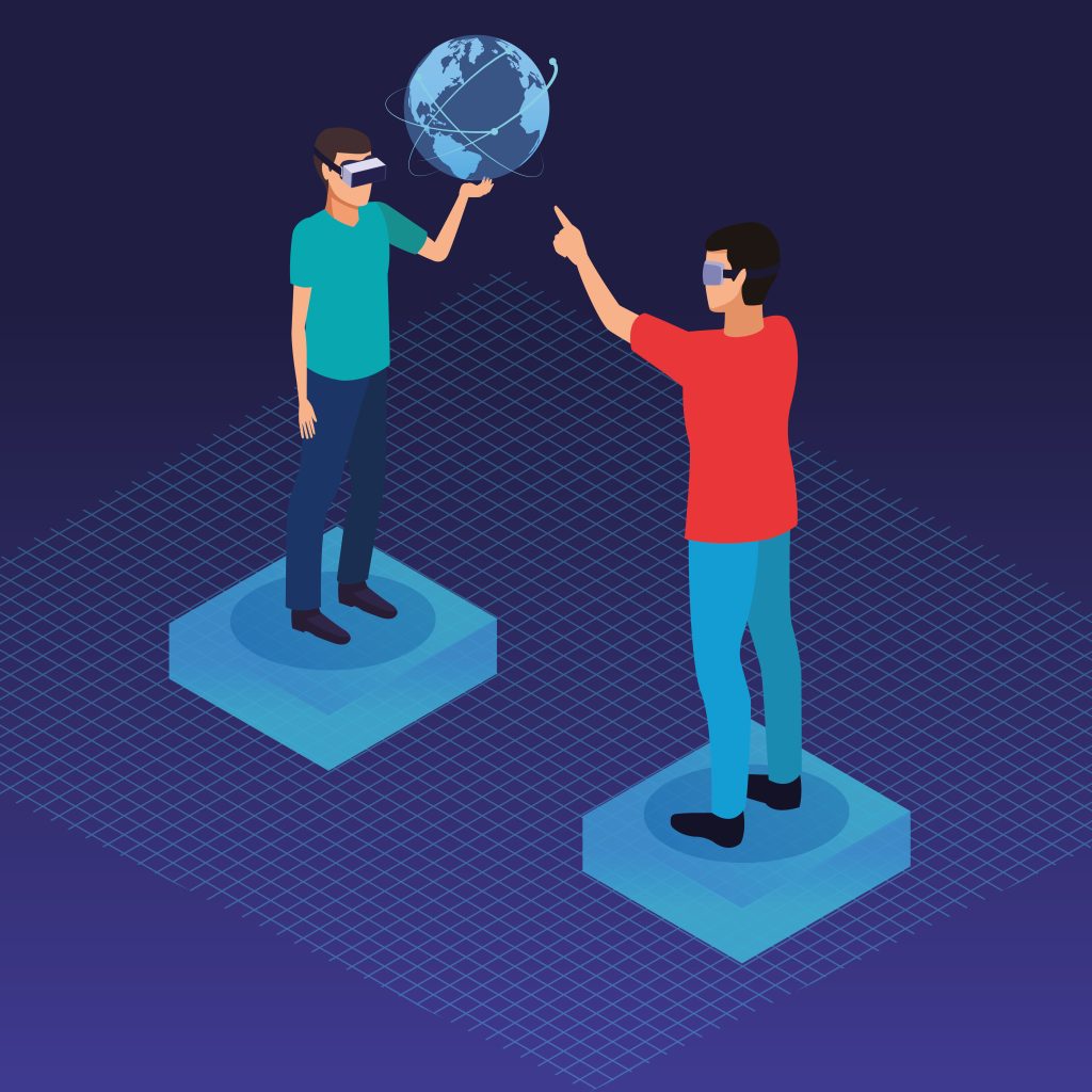 Two people using VR headsets interacting with a digital globe in a virtual environment.