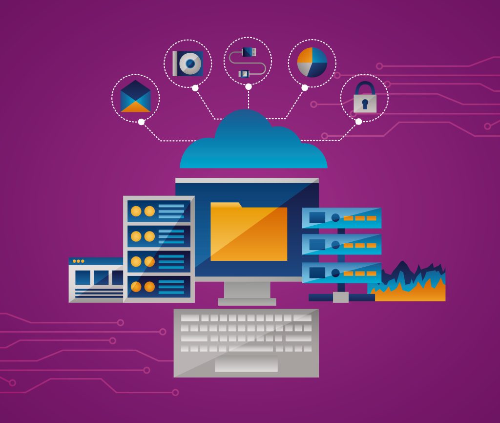 : Cloud computing concept with data storage, analytics, security, and digital file management.