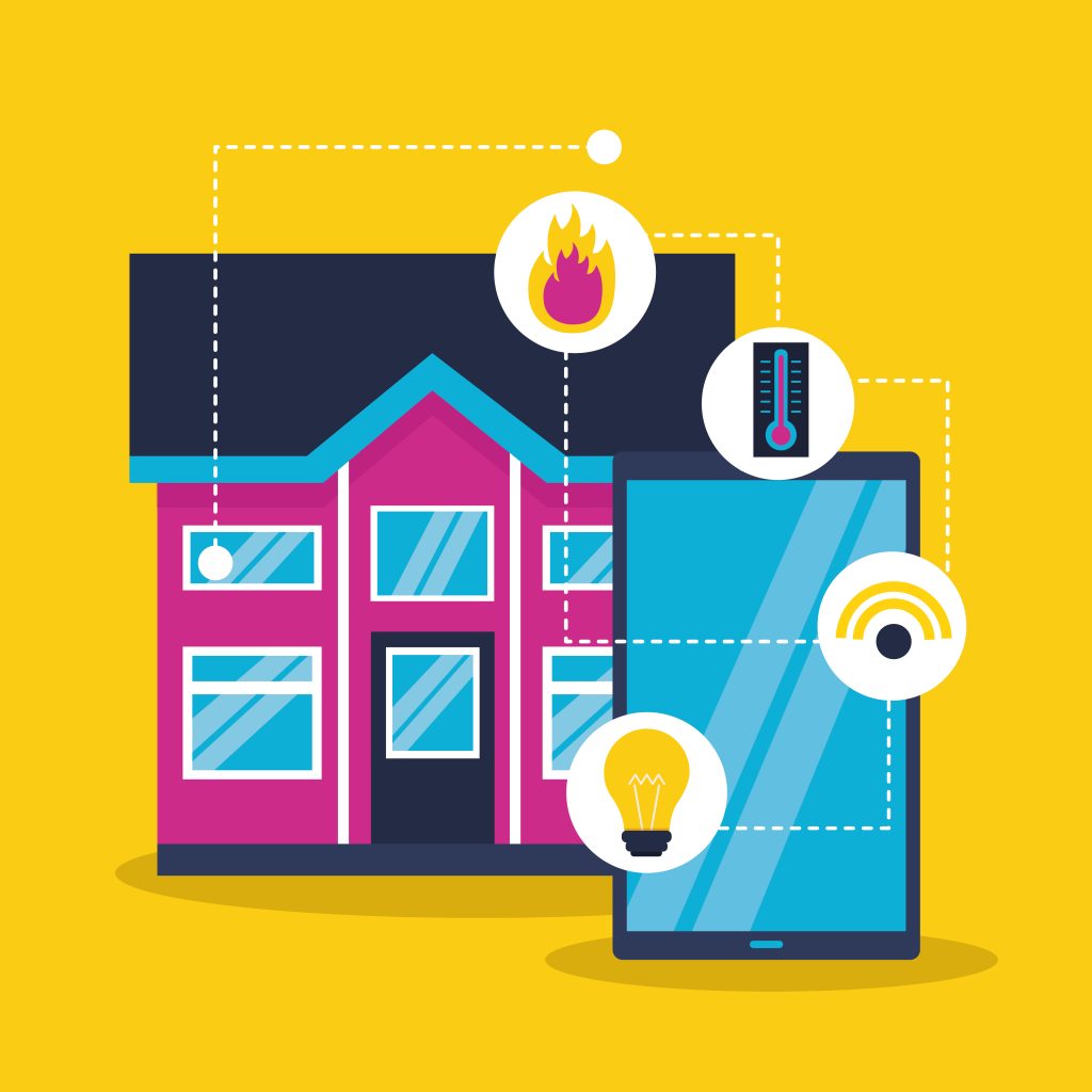 Smart home system with mobile control for fire safety, temperature, lighting, and security.