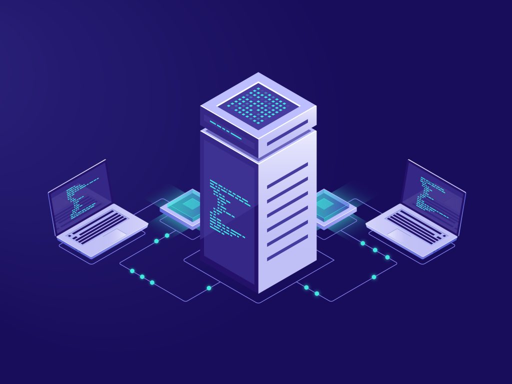 Data server with connected laptops symbolizing cloud computing, coding, and data storage.
