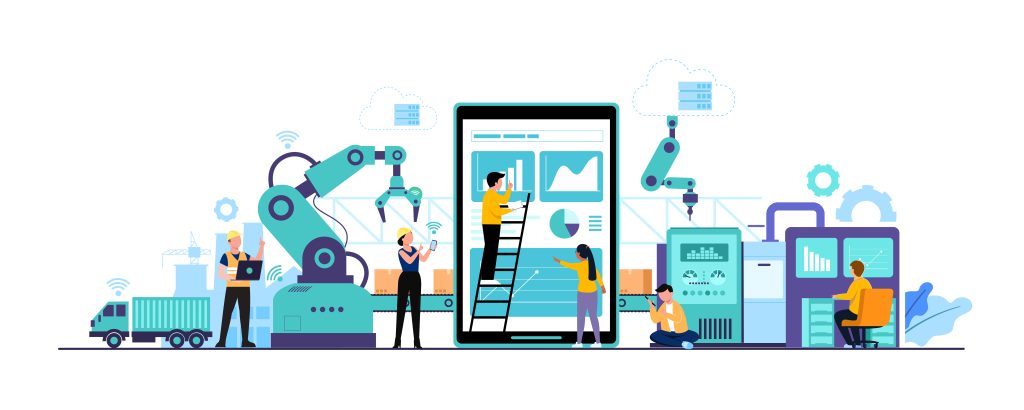 Smart factory with IoT-enabled machines, robots, and workers connected through digital platforms.