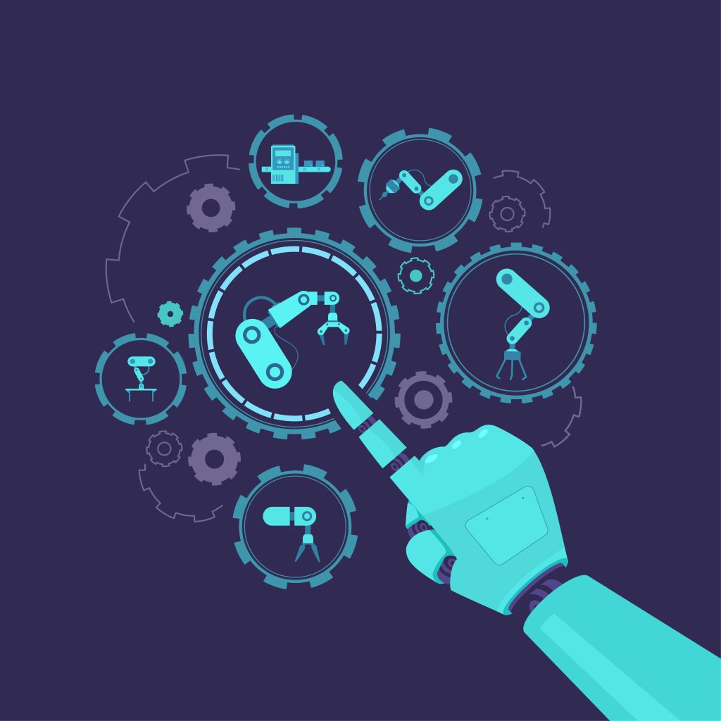 Robotic hand interacting with digital gears and robotic arm icons symbolizing automation.