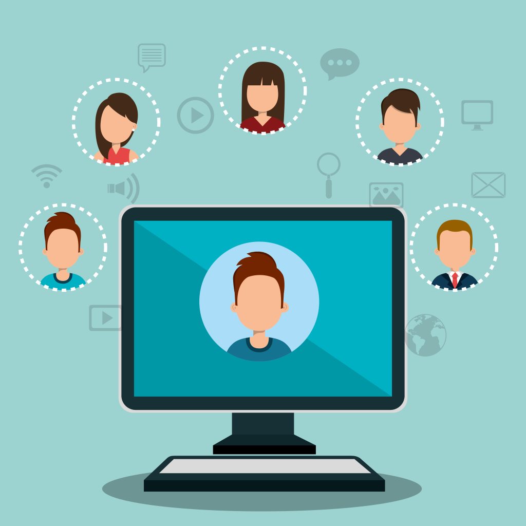 Illustration of virtual collaboration with user icons connected around a computer screen.