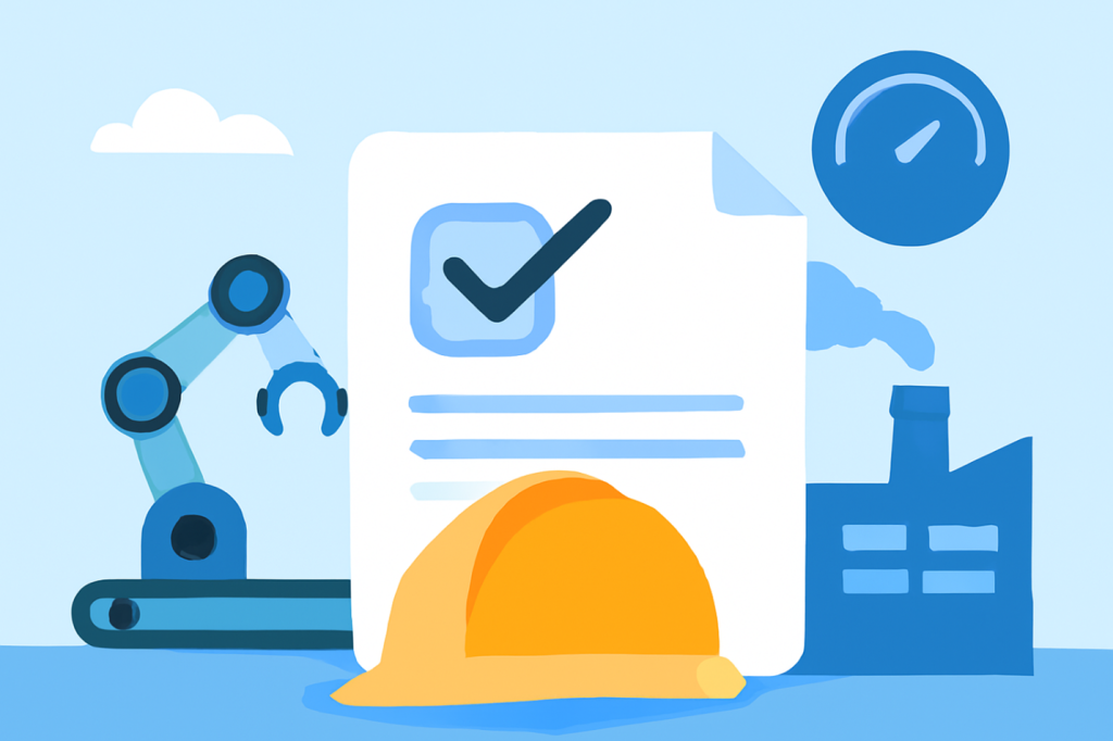 Robotic arm, safety helmet, and compliance documents with checkmarks near industrial facility